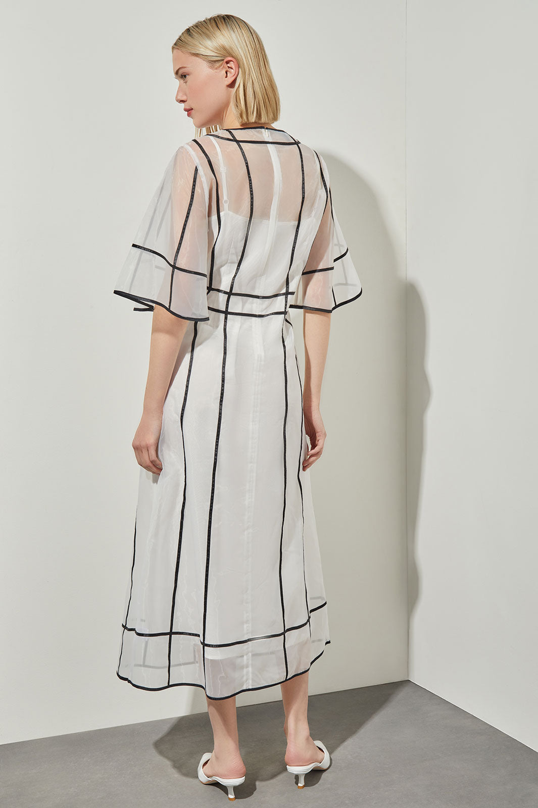 Modern Fit-N-Flare Midi Dress - Contrast Stripe Organza | Ming Wang