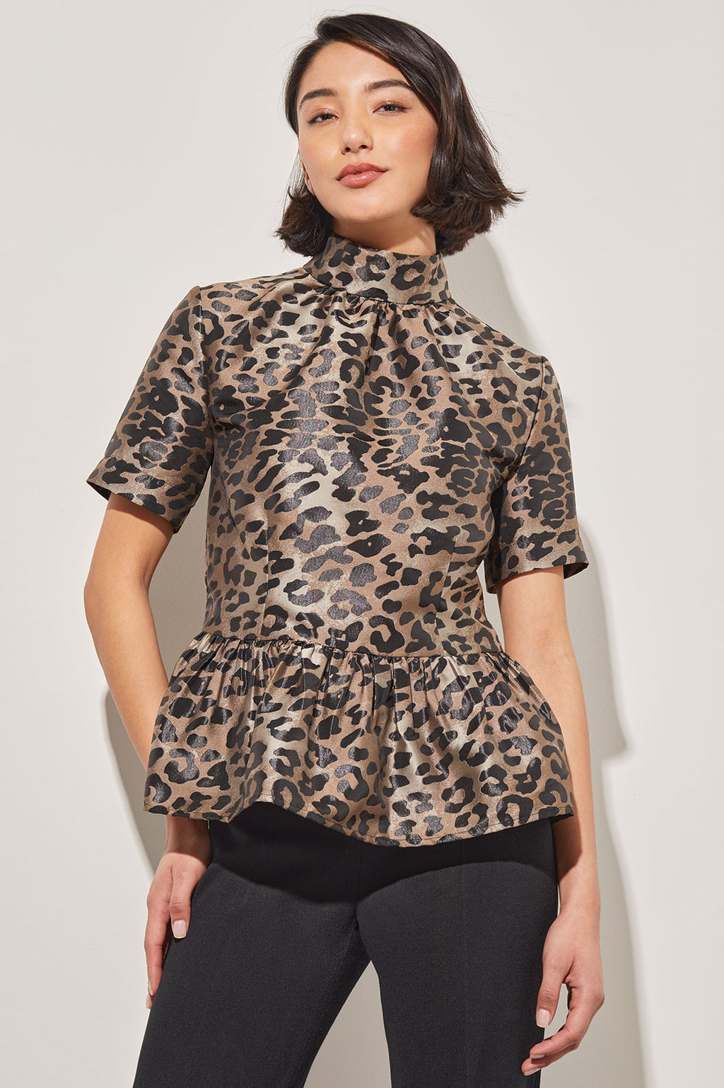 Ming Wang Woven Leopard Print Mock Neck Short Sleeve Peplum Blouse L