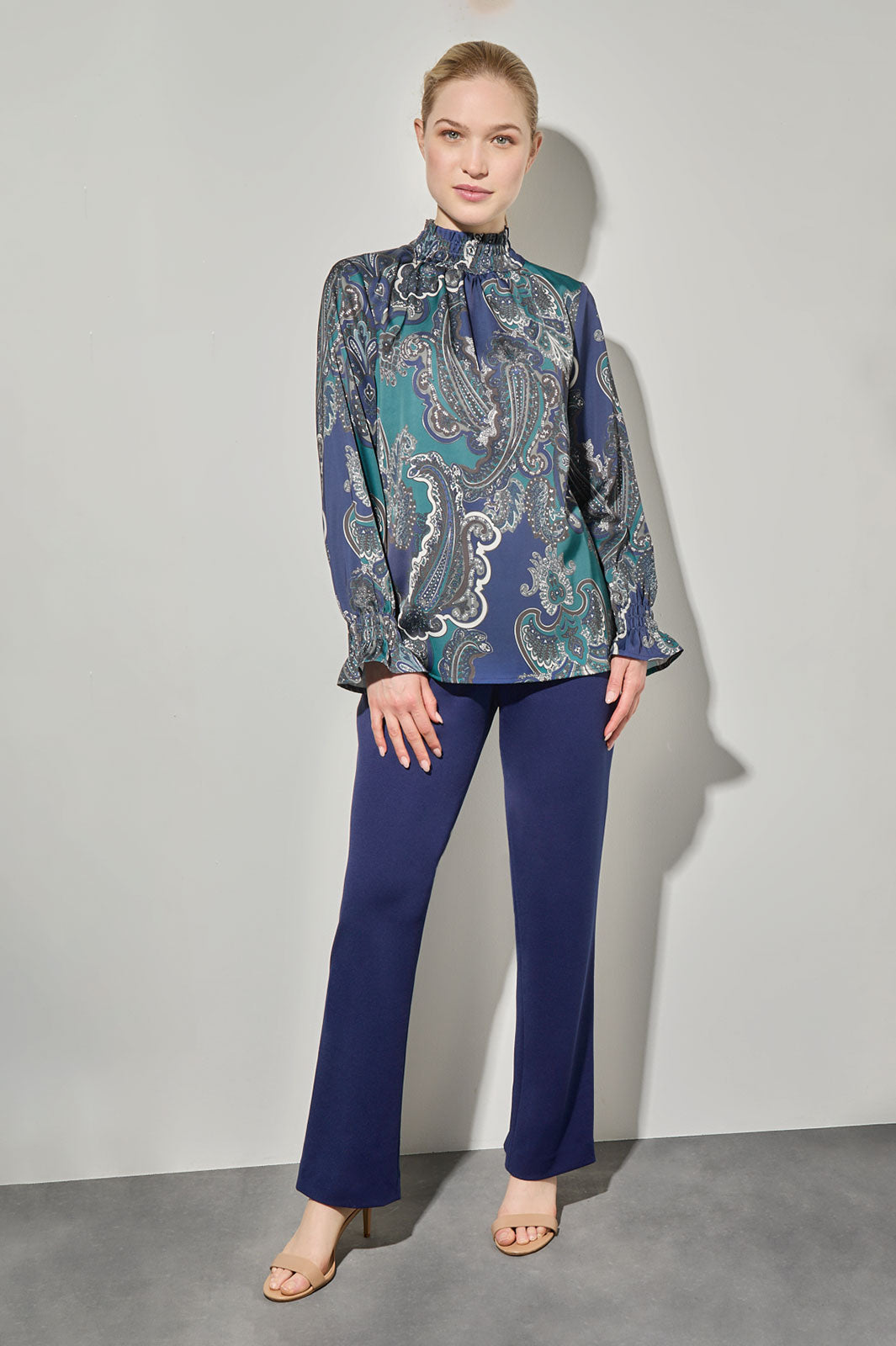 Printed Paisley Smocked Trim Charmeuse Blouse, Forest Veridian/Regatta/Limestone/Dark Umber/Black | Ming Wang