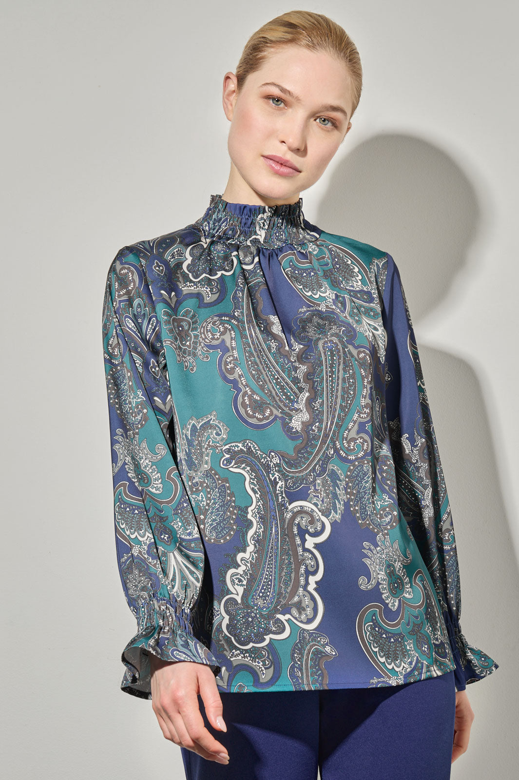 Printed Paisley Smocked Trim Charmeuse Blouse, Forest Veridian/Regatta/Limestone/Dark Umber/Black | Ming Wang
