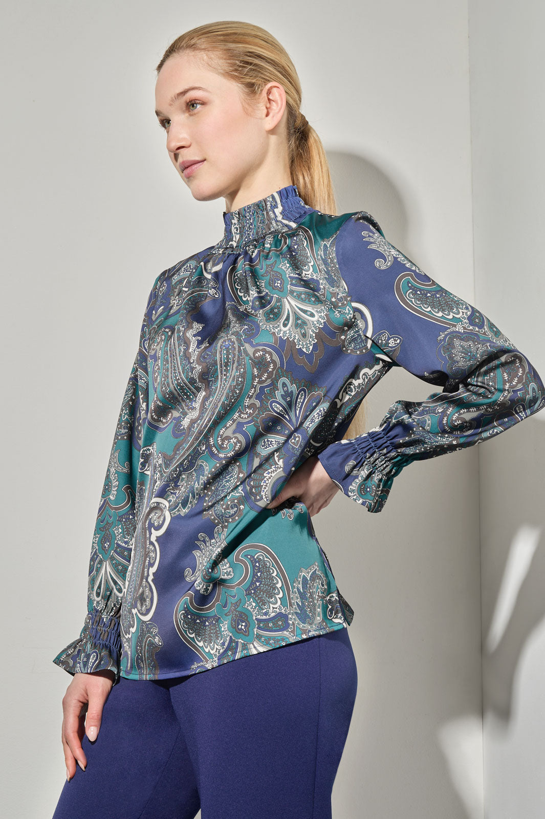 Printed Paisley Smocked Trim Charmeuse Blouse, Forest Veridian/Regatta/Limestone/Dark Umber/Black | Ming Wang