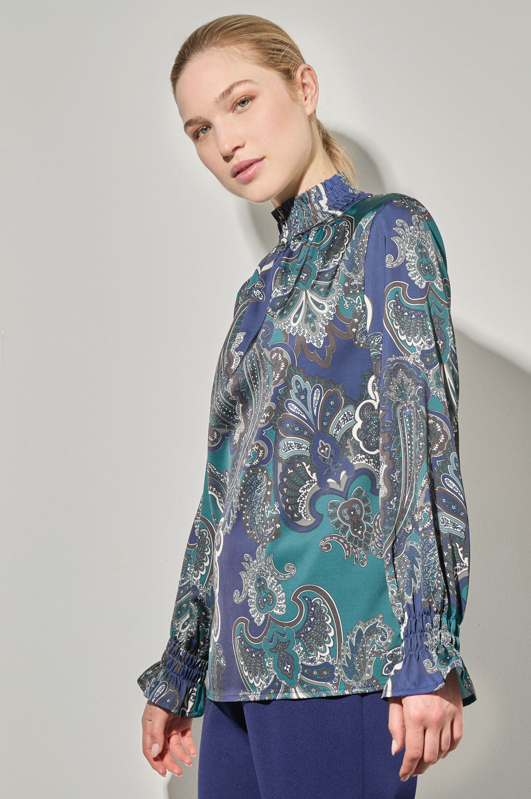 Printed Paisley Smocked Trim Charmeuse Blouse, Forest Veridian/Regatta/Limestone/Dark Umber/Black | Ming Wang