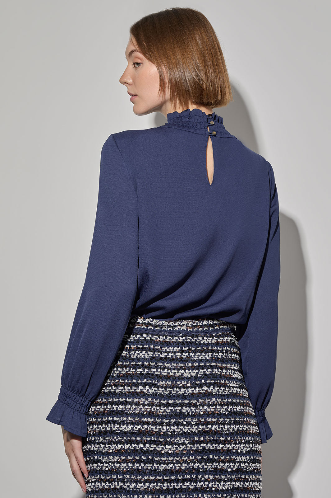 Smocked Trim Charmeuse Blouse, Regatta | Ming Wang