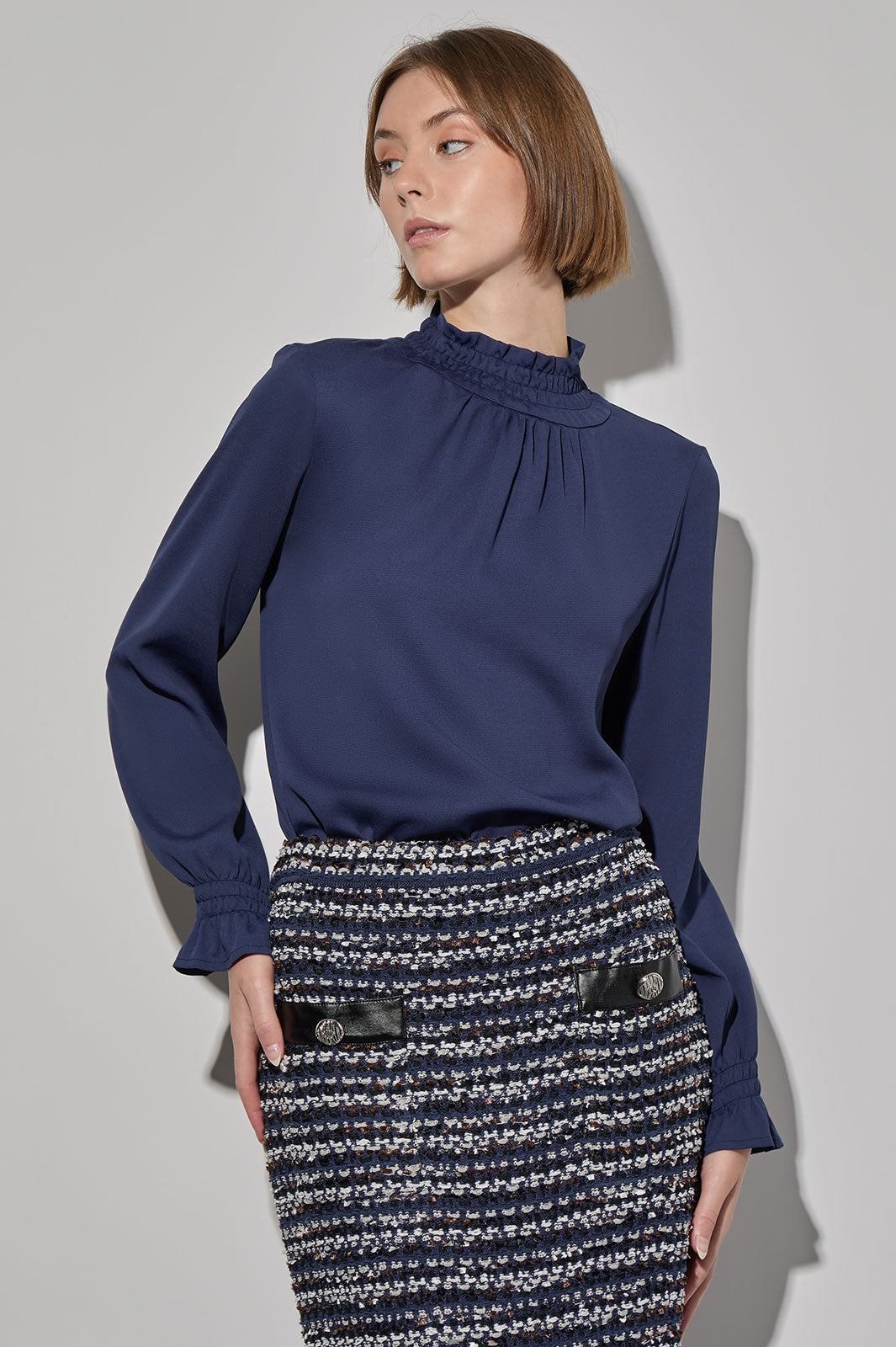 Smocked Trim Charmeuse Blouse, Regatta | Ming Wang
