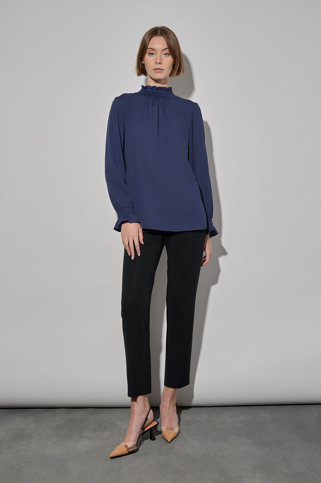 Smocked Trim Charmeuse Blouse, Regatta | Ming Wang