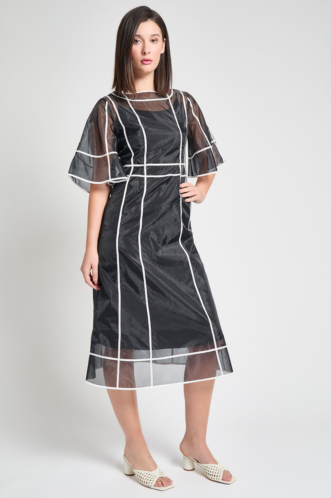 green emerald velvet dress Modern Fit-N-Flare Midi Dress - Contrast Stripe Organza