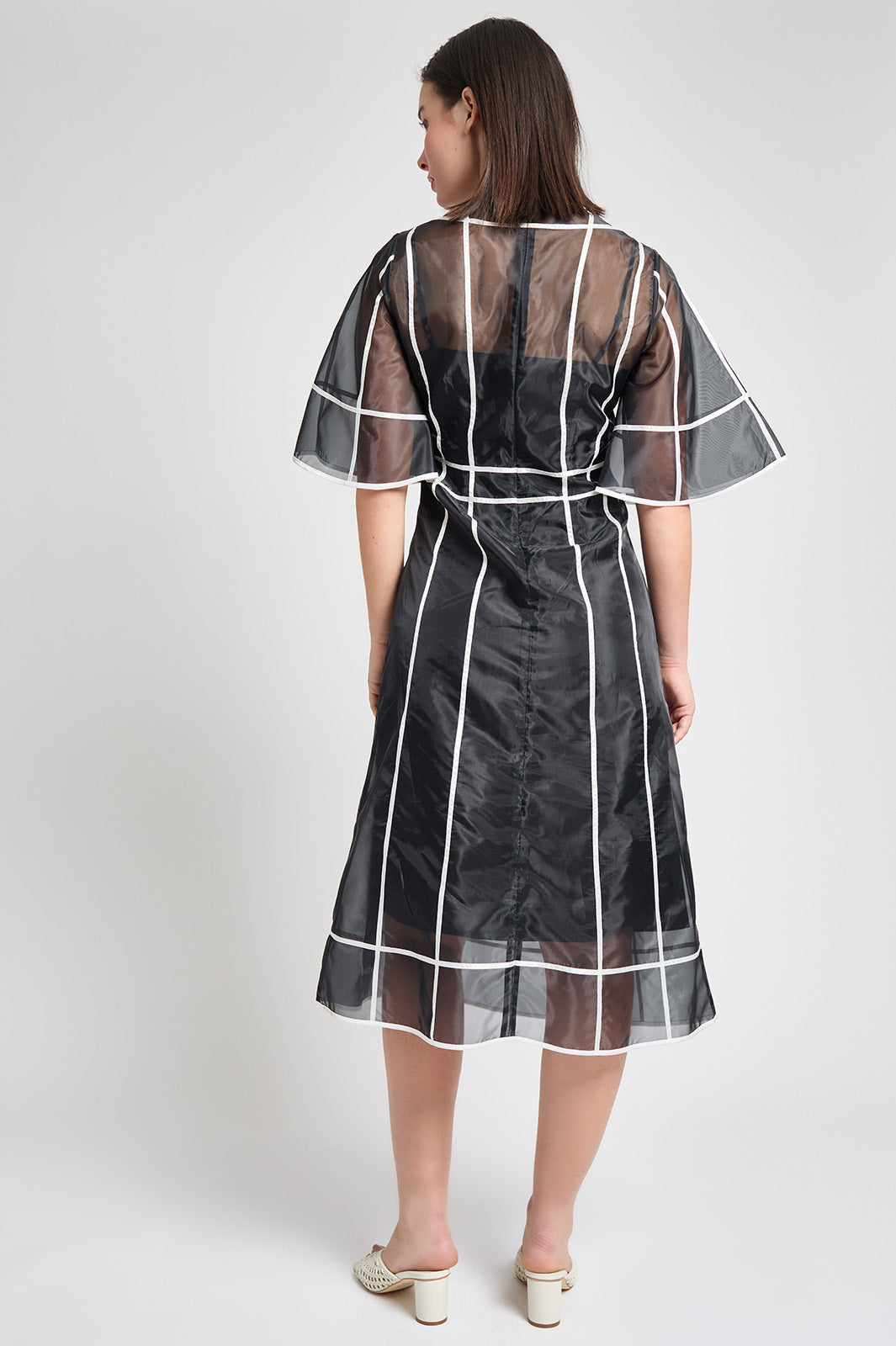 Modern Fit Organza Contrast Stripe A-Line Midi Dress In Black Modern Fit Organza Contrast Stripe A-Line Midi Dress In Black