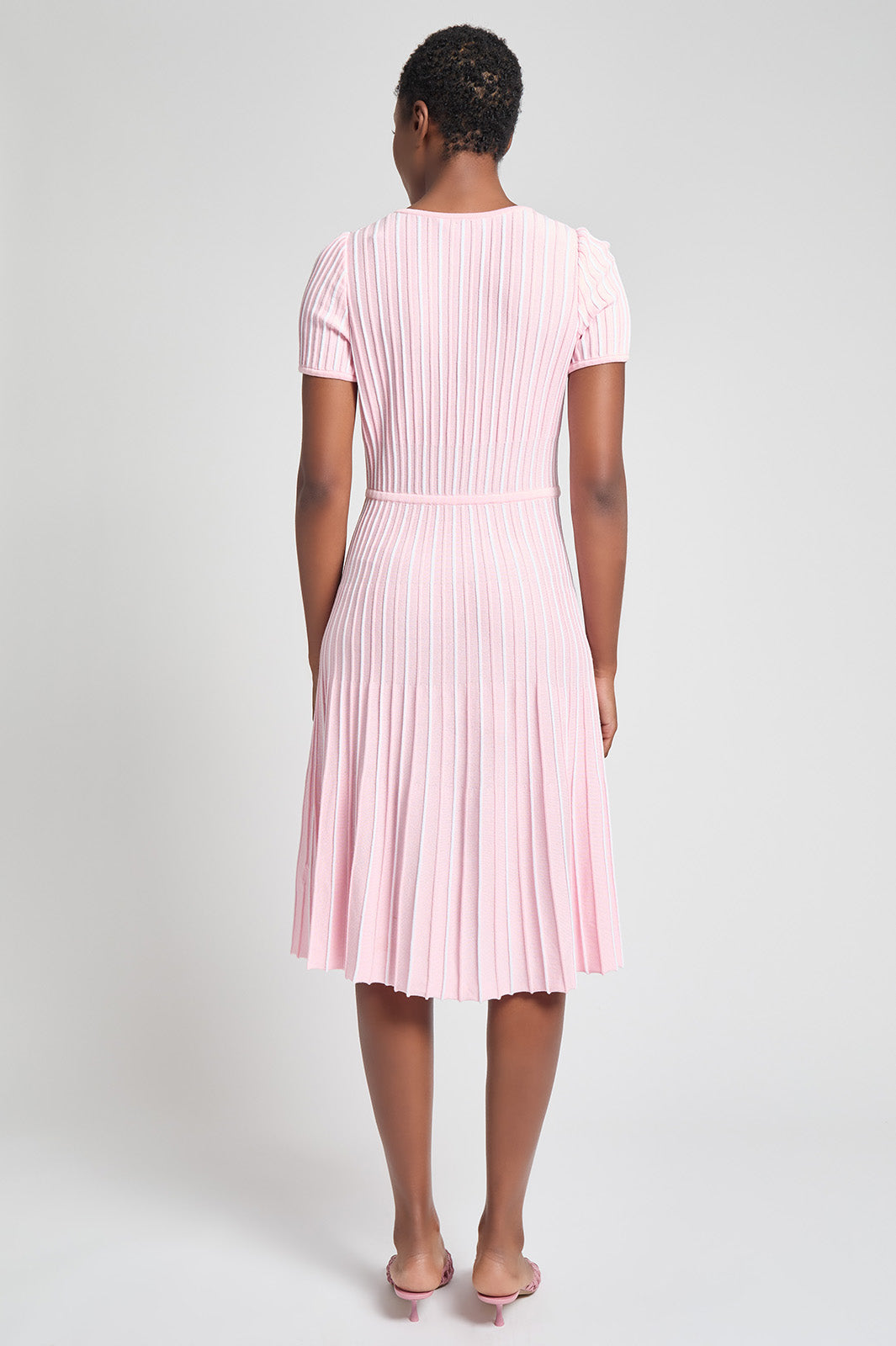 Modern Fit Jewel Neck Striped Flare Soft Knit Dress | Ming Wang