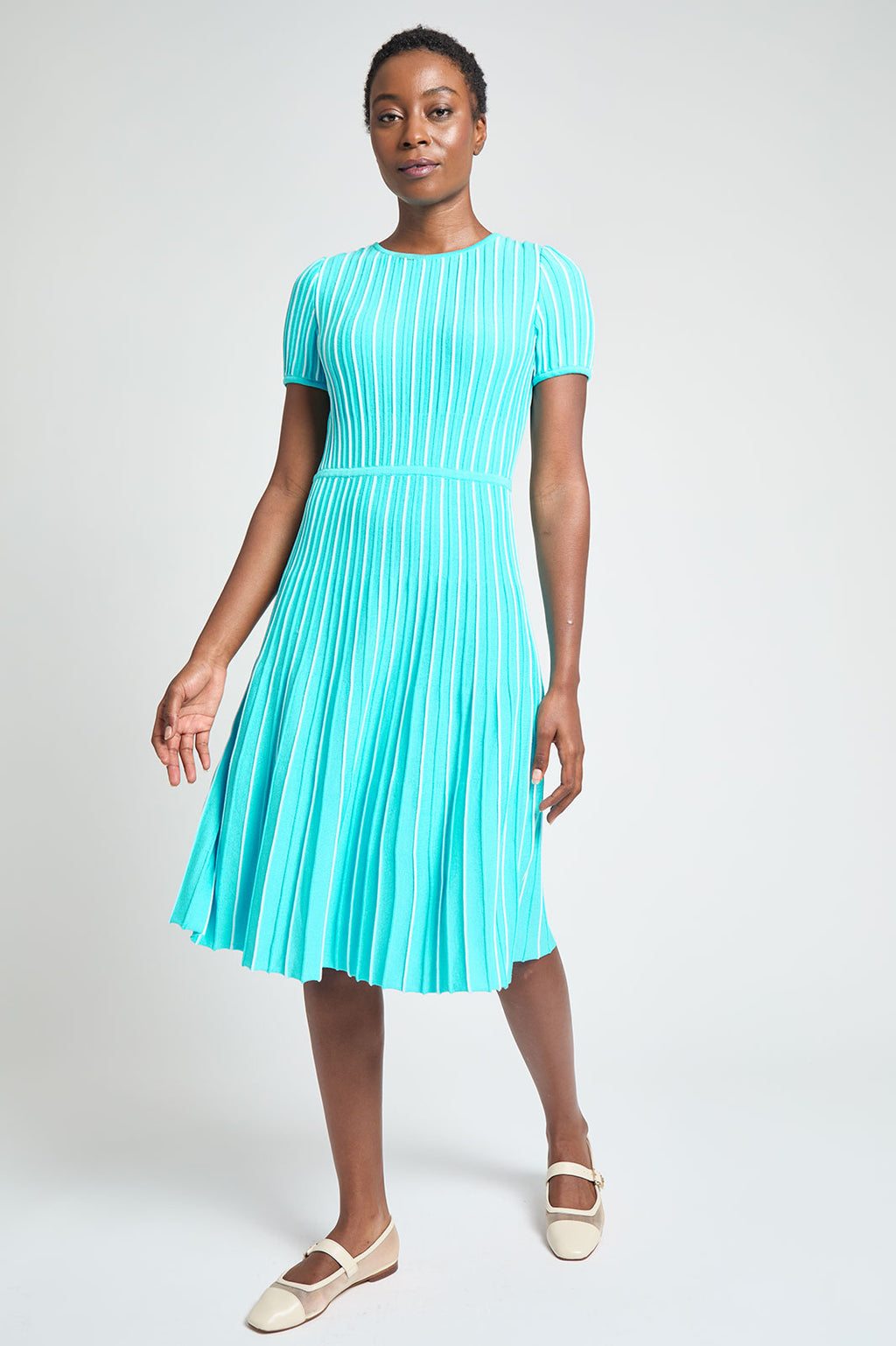 Modern Fit Jewel Neck Striped Flare Soft Knit Dress | Ming Wang