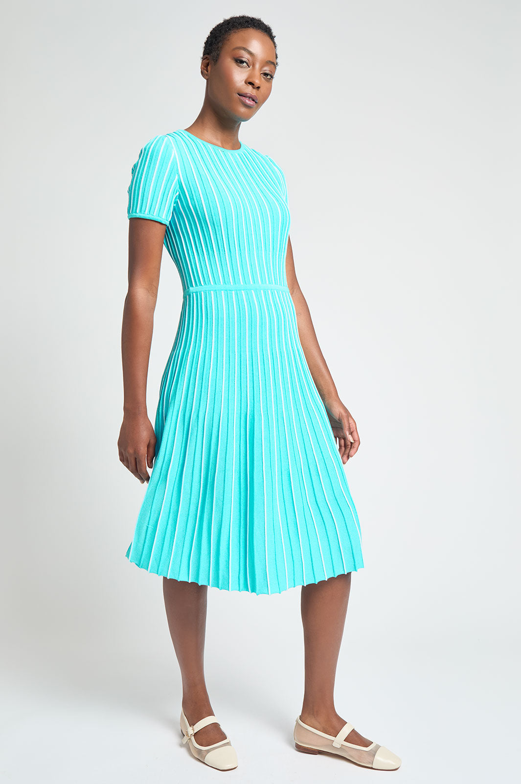slim fit dress slacks Modern Fit Jewel Neck Striped Flare Soft Knit Dress