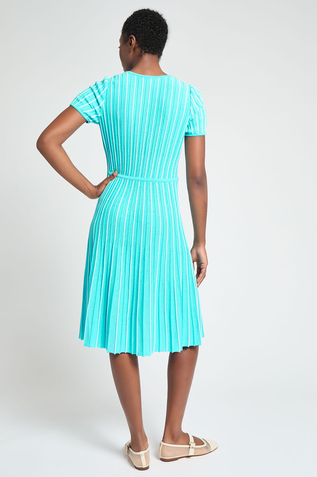 Modern Fit Jewel Neck Striped Flare Soft Knit Dress