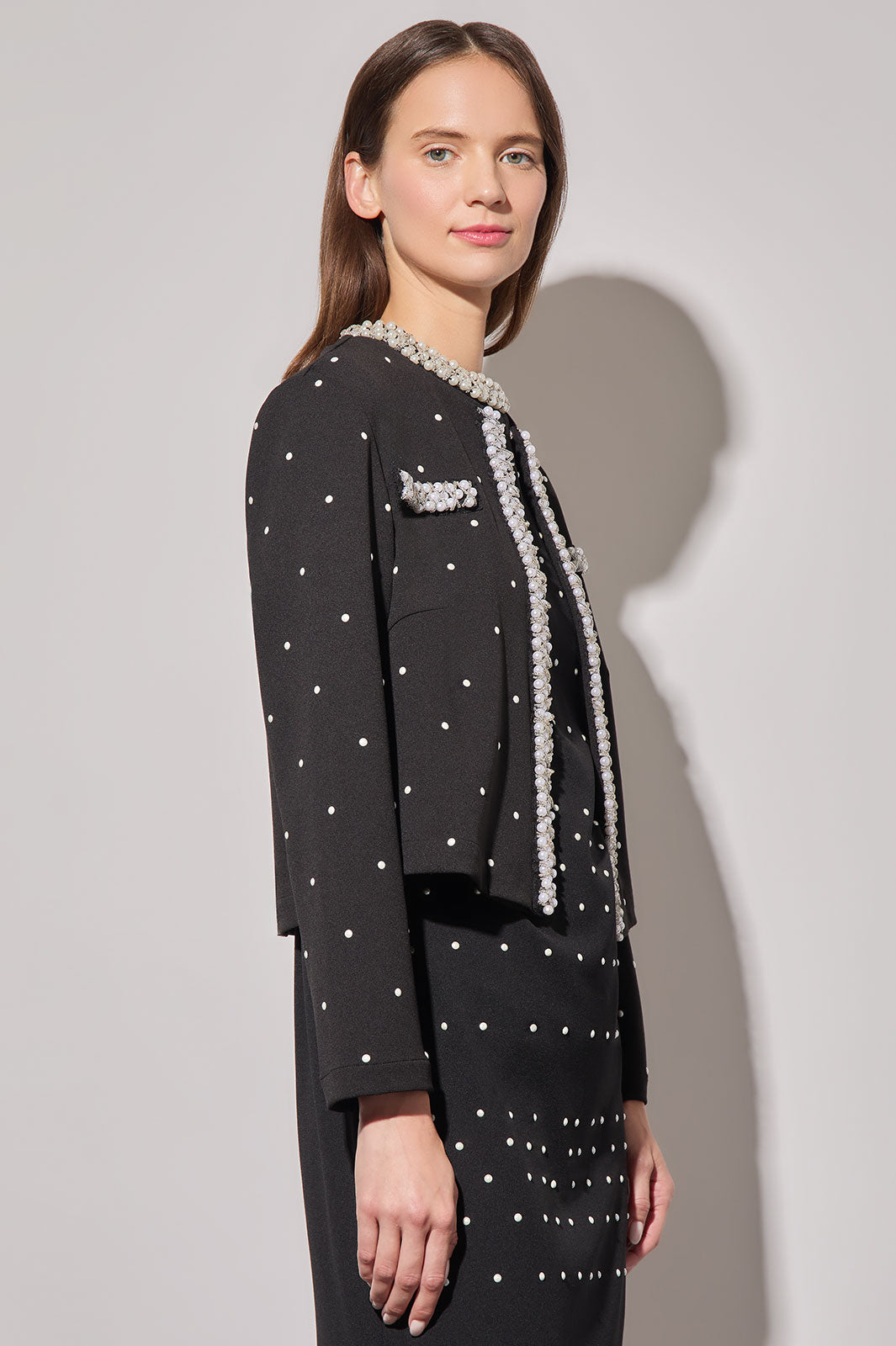 Stretch Deco Crepe Embellished Jacket, Black/White | Ming Wang