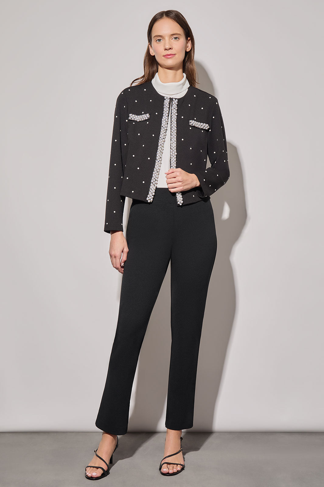 Stretch Deco Crepe Embellished Jacket, Black/White | Ming Wang