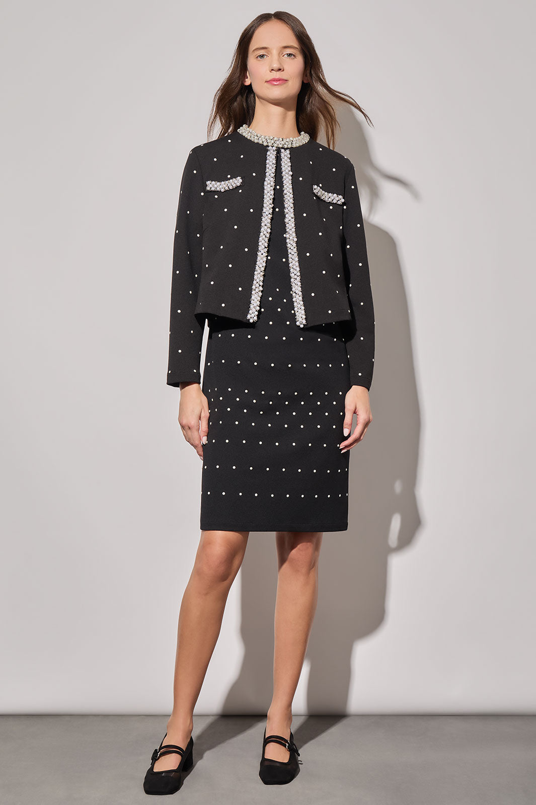 Stretch Deco Crepe Embellished Jacket, Black/White | Ming Wang