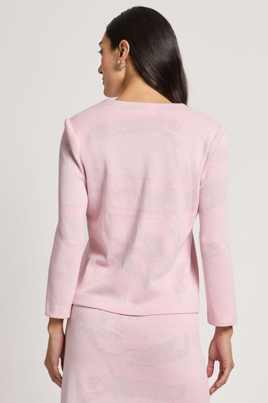 Heritage Fit Abstract Shimmer Soft Knit Jacket, Rosy Blush/White | Ming Wang