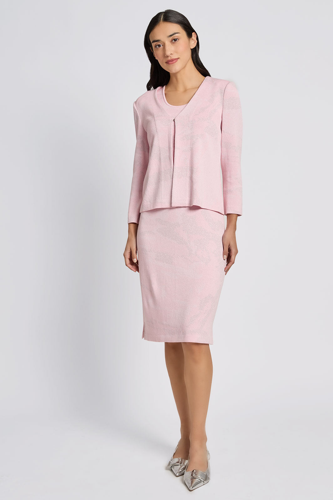 Heritage Fit Abstract Shimmer Soft Knit Jacket, Rosy Blush/White | Ming Wang
