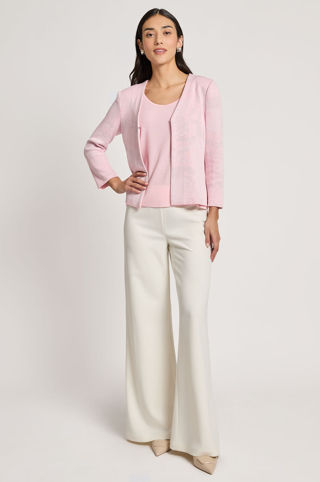 Heritage Fit Abstract Shimmer Soft Knit Jacket, Rosy Blush/White | Ming Wang