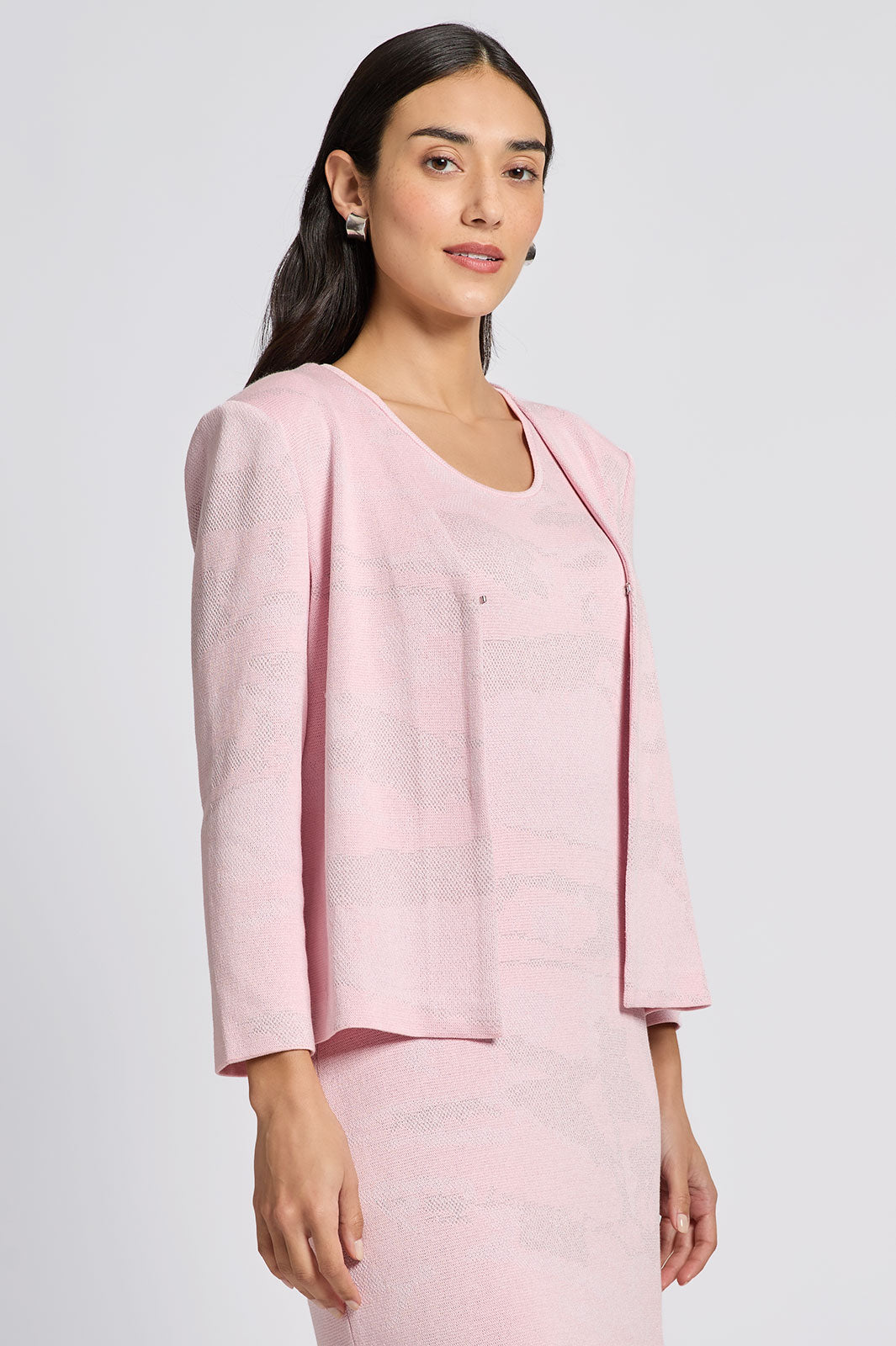 Heritage Fit Abstract Shimmer Soft Knit Jacket, Rosy Blush/White | Ming Wang