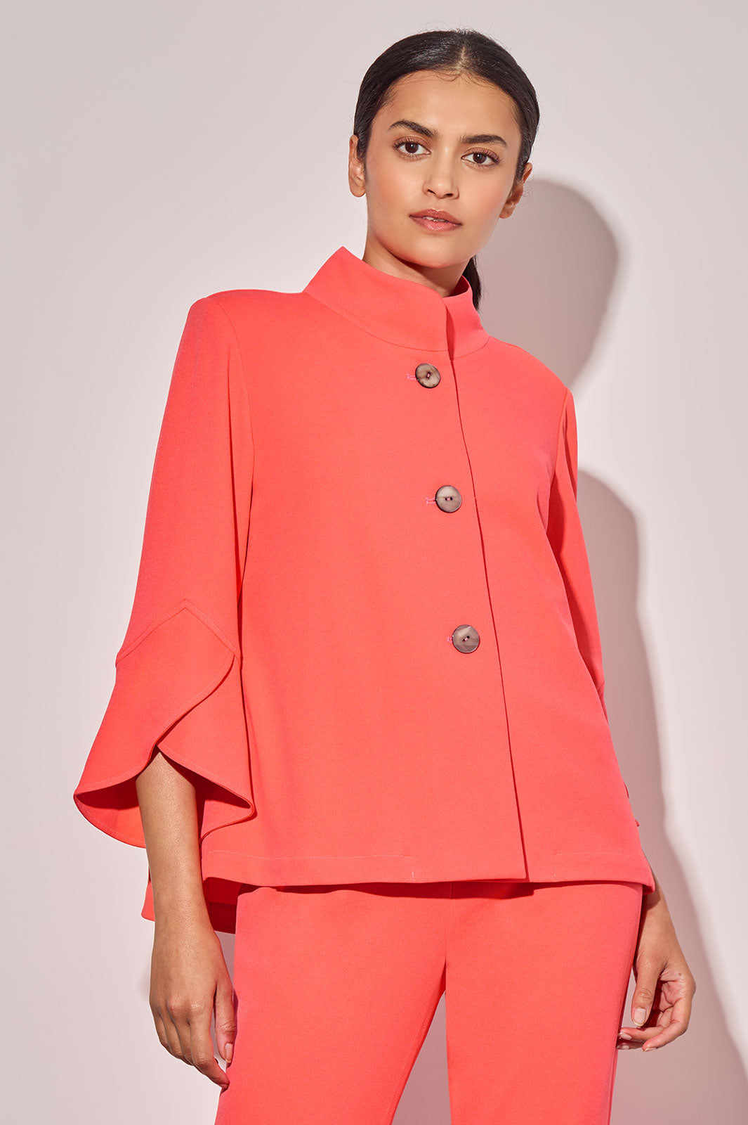 Button-Front Bell Sleeve Deco Crepe Jacket, Sunkist Coral | Ming Wang
