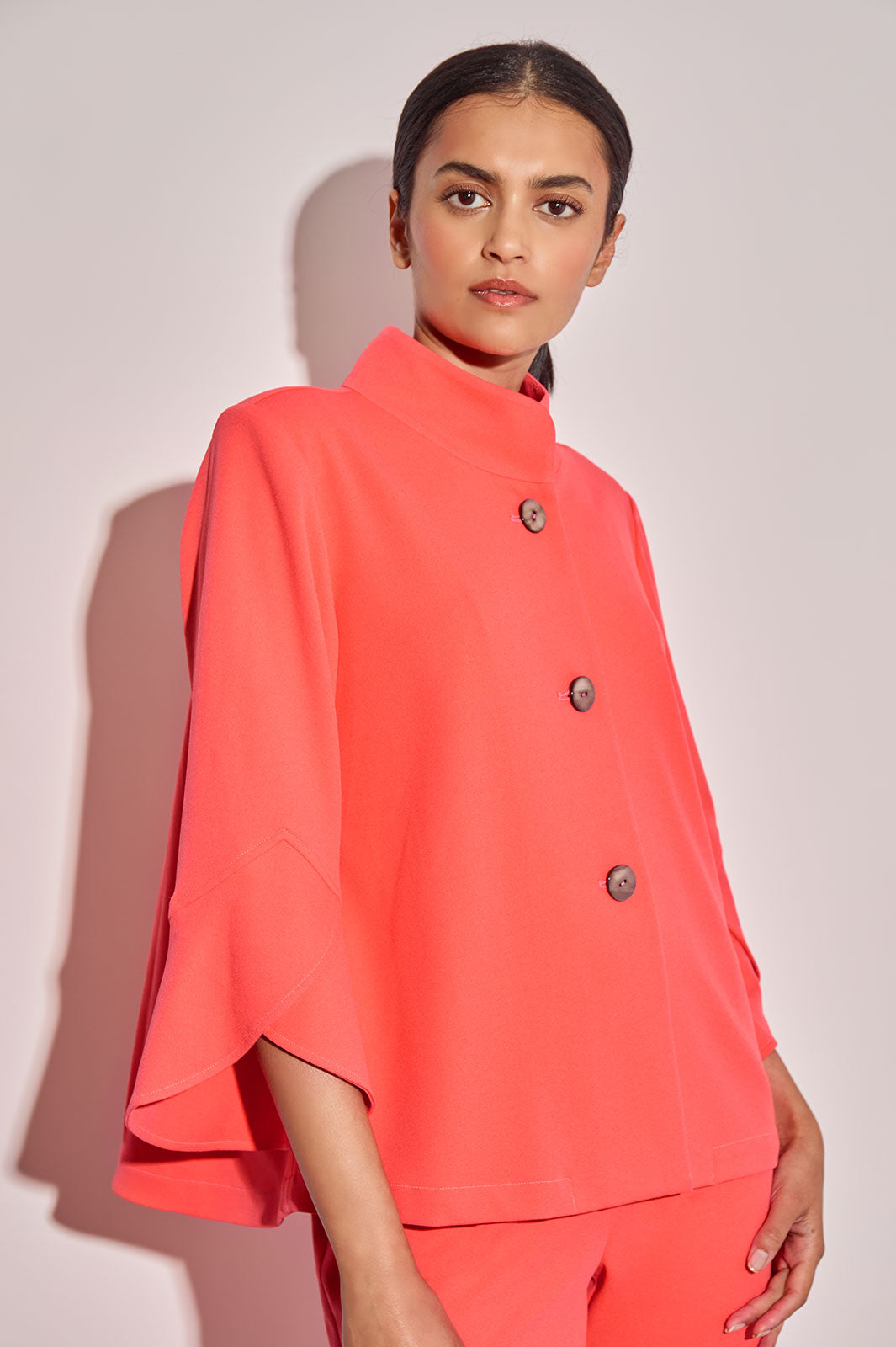 Button-Front Bell Sleeve Deco Crepe Jacket, Sunkist Coral | Ming Wang