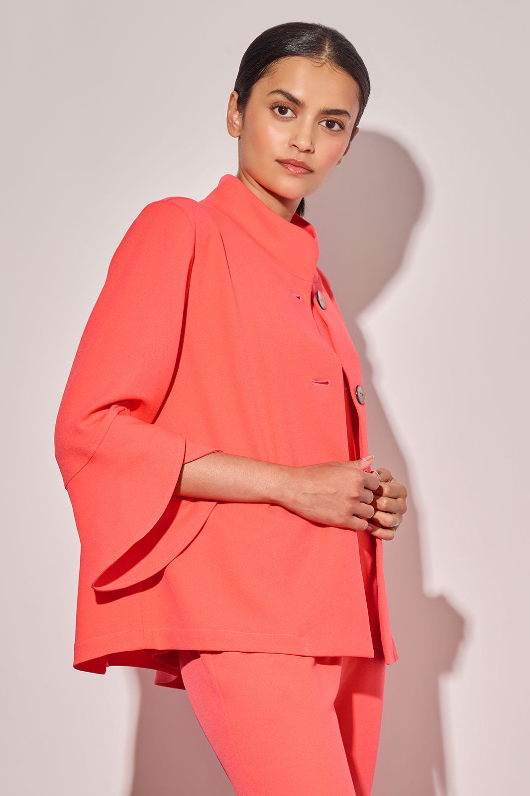 Button-Front Bell Sleeve Deco Crepe Jacket, Sunkist Coral | Ming Wang