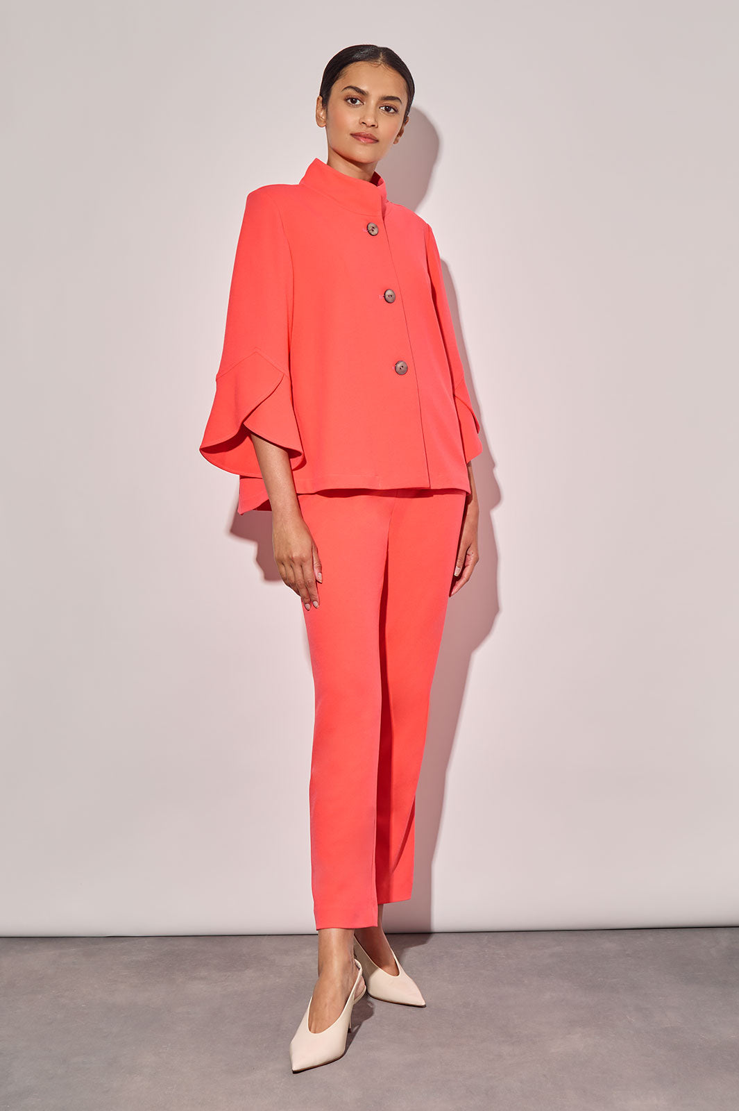 Button-Front Bell Sleeve Deco Crepe Jacket, Sunkist Coral | Ming Wang
