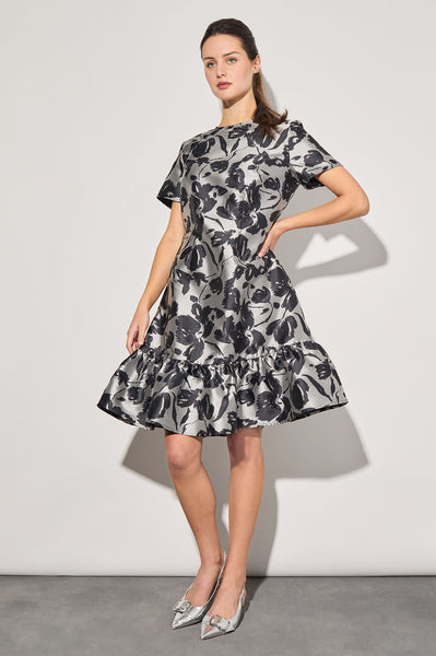 ワンピース NOTHING EVERYTHING : 24FW / MIXED TEXTURE SLEEVELESS DRESS Floral Woven Flounce Knee-Length Dress