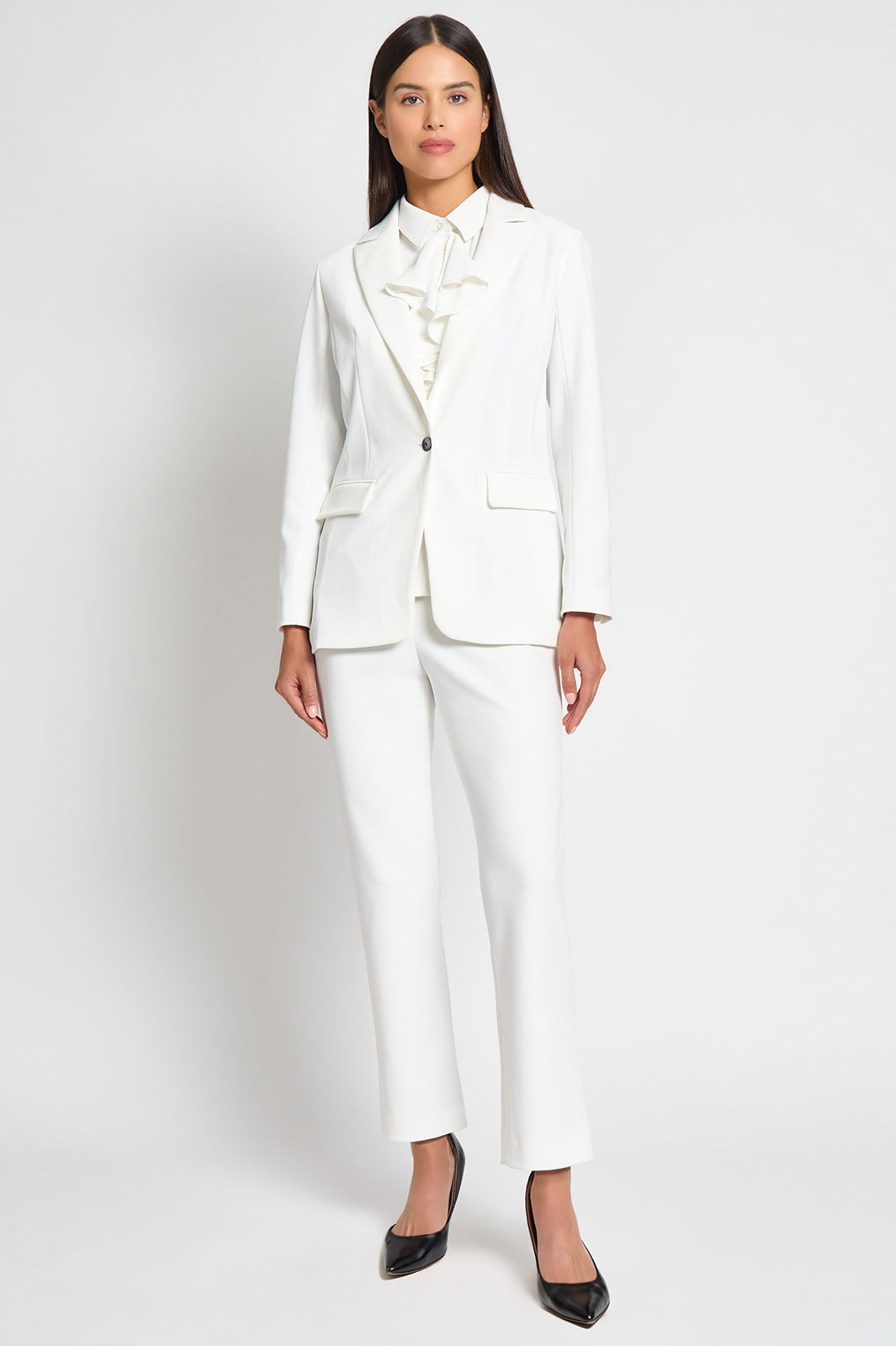 Tailored Fit Stretch Deco Crepe Single Button Blazer, White | Ming Wang
