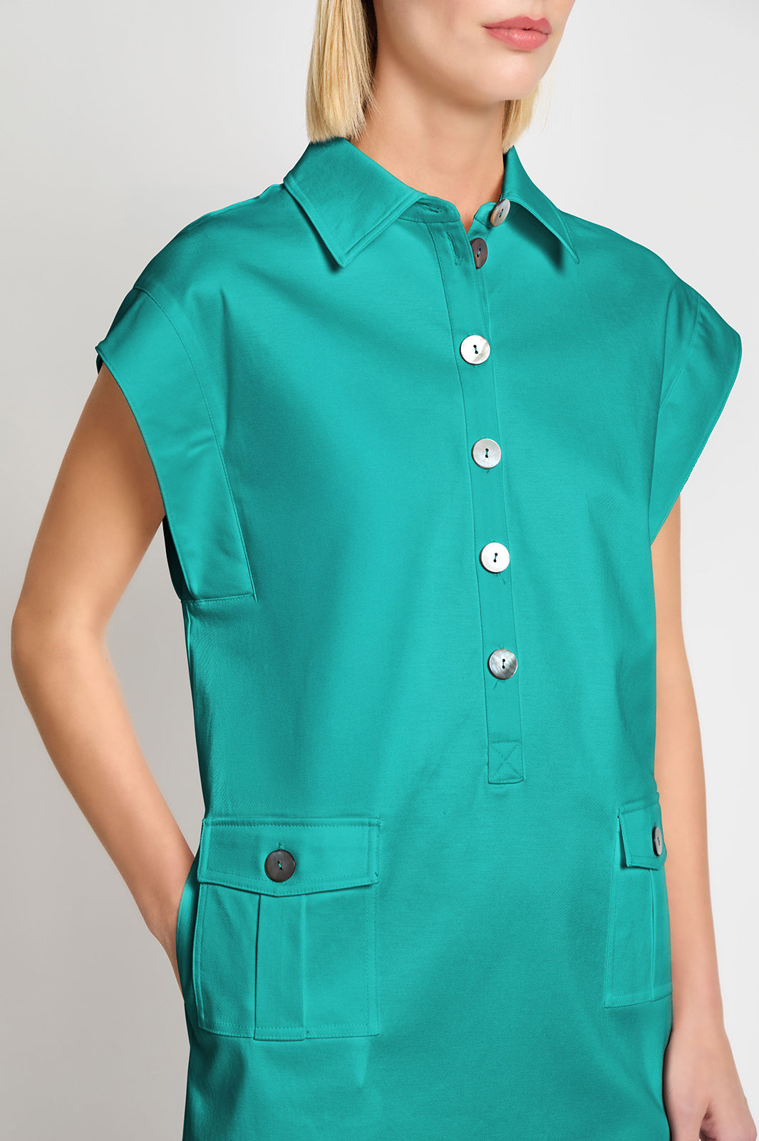 Cotton Blend Utility Shift Dress, Emerald Awe | Ming Wang