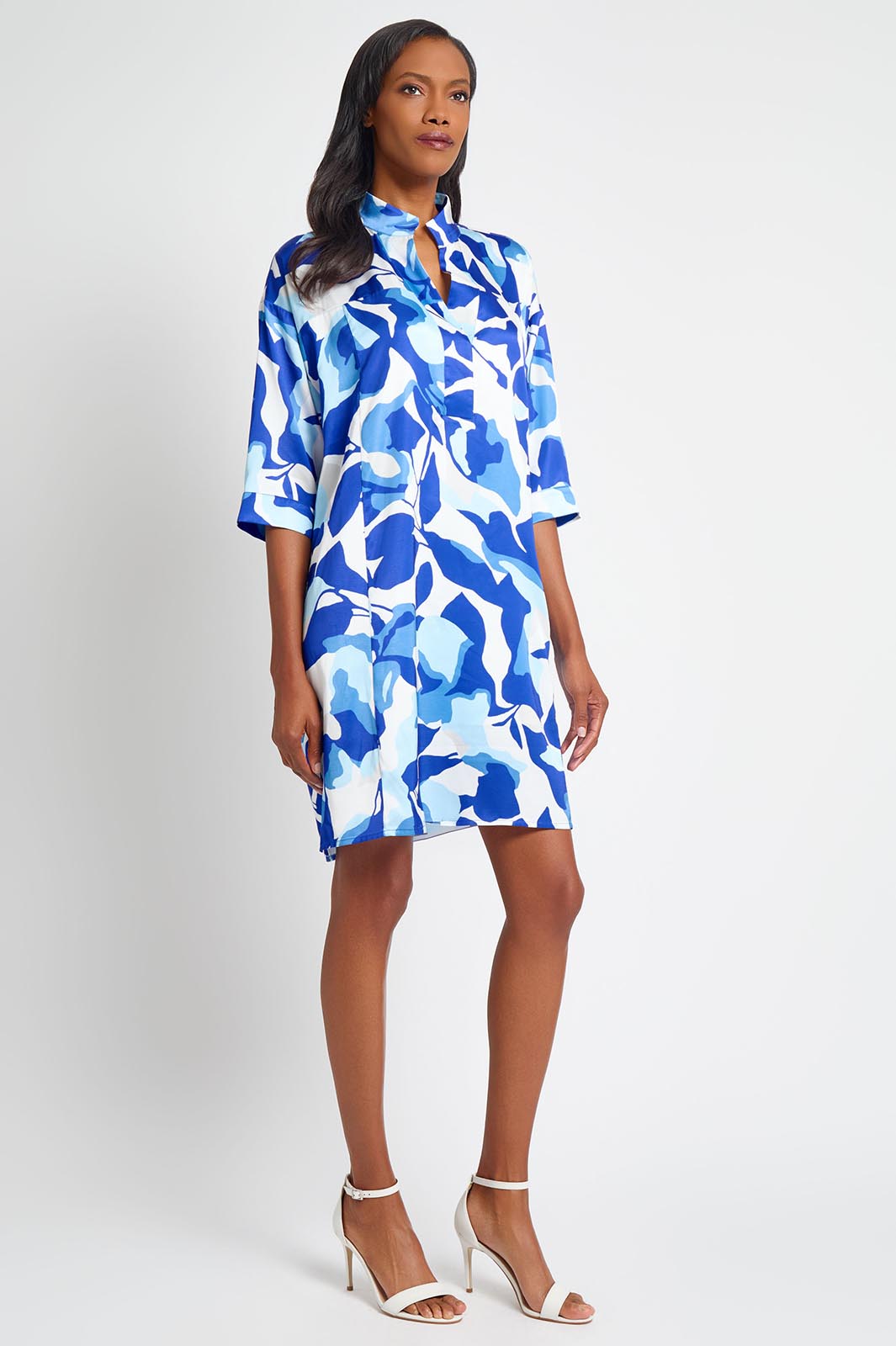 Floral Printed Crepe de Chine Shirt Dress, Sapphire Sea/Dawn/Lunar Rock/White | Ming Wang