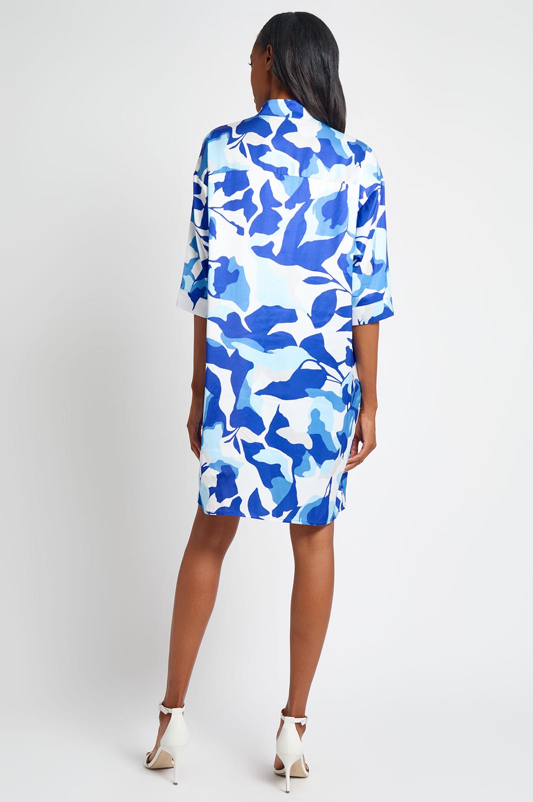 Floral Printed Crepe de Chine Shirt Dress, Sapphire Sea/Dawn/Lunar Rock/White | Ming Wang