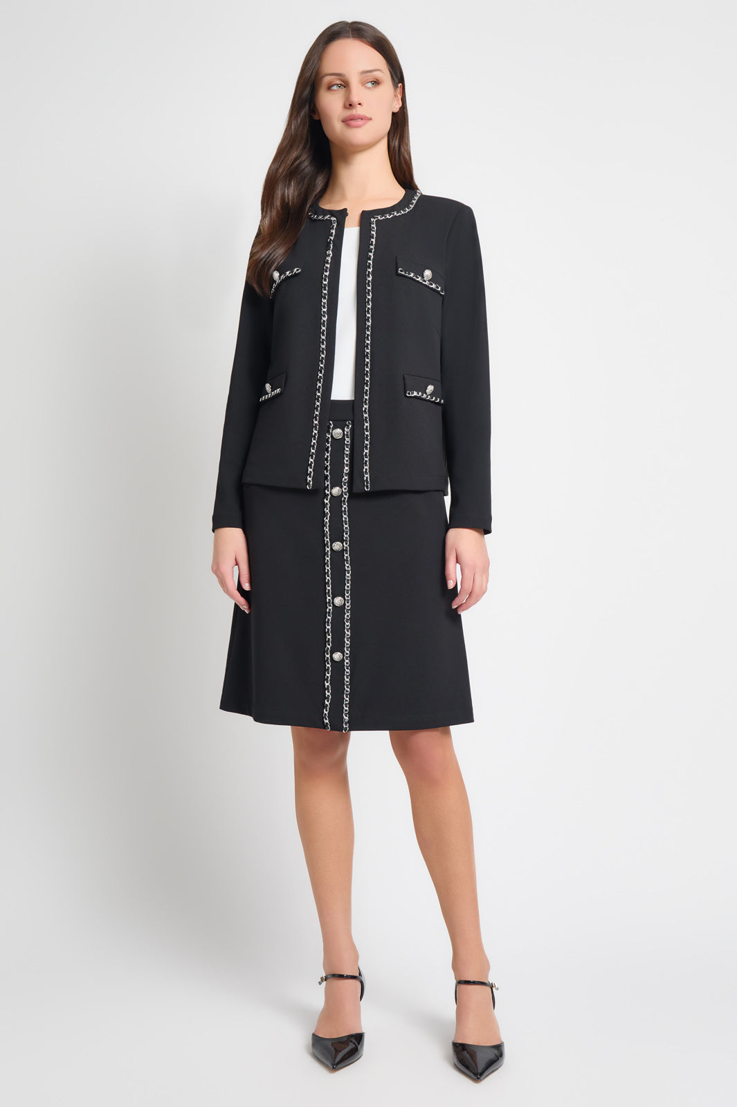 A-Line Chain Trim Stretch Deco Crepe Skirt | Ming Wang