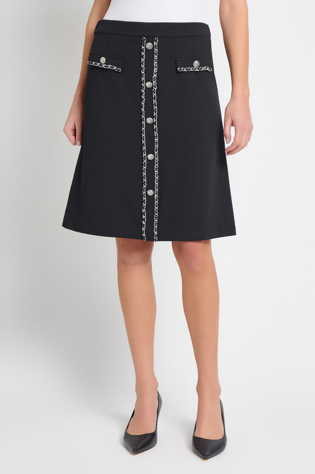 A-Line Chain Trim Stretch Deco Crepe Skirt | Ming Wang