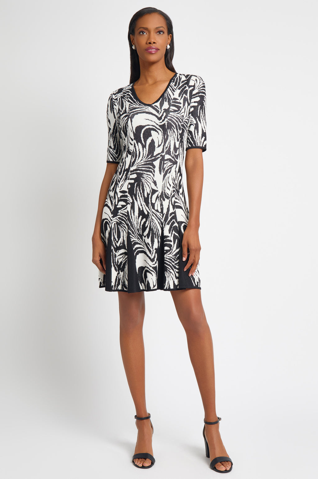 Fit-N-Flare Princess Seam Jacquard Soft Knit Dress | Ming Wang