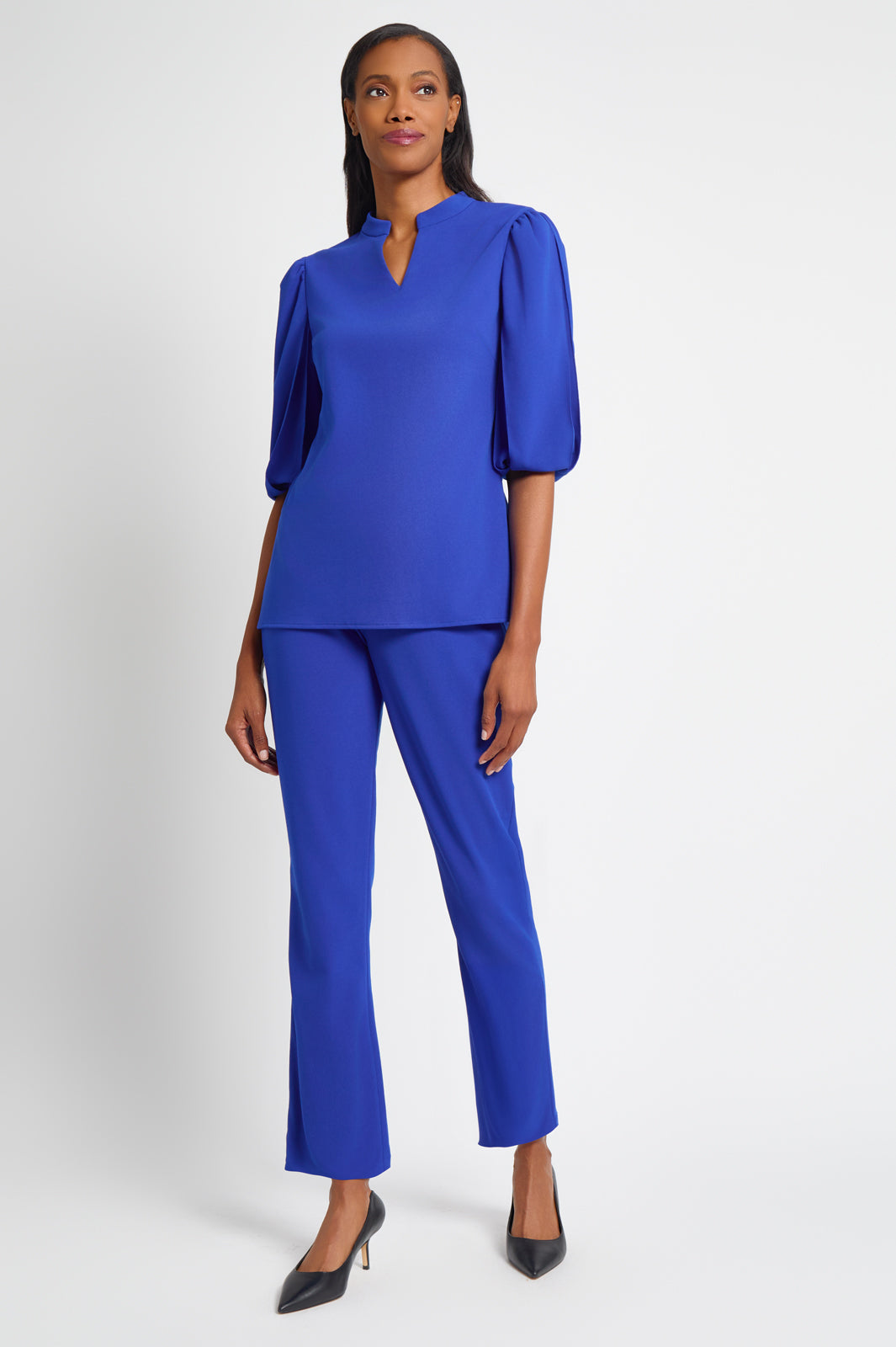 Stretch Deco Crepe Puff Sleeve Blouse | Ming Wang