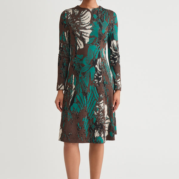 A-Line Floral Jacquard Soft Knit Midi Dress | Ming Wang