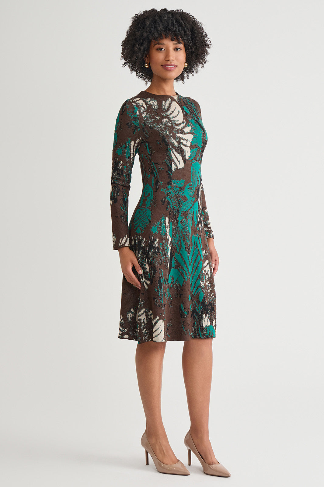 A-Line Floral Jacquard Soft Knit Midi Dress | Ming Wang