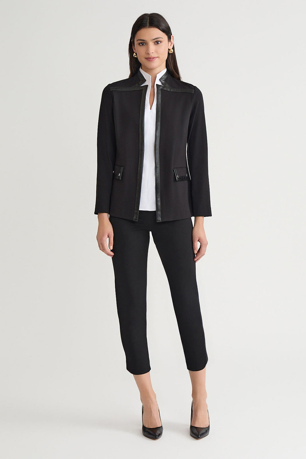 Heritage Stretch Ponte Faux Leather Trim Long Jacket | Ming Wang