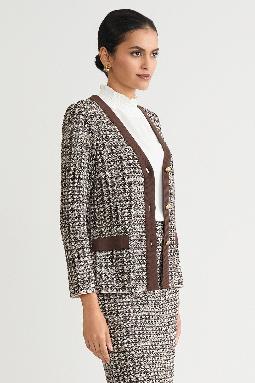 Tailored Contrast Trim Tweed Knit Jacket | Ming Wang