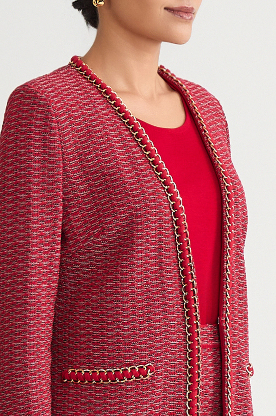 Petite Heritage Whipstitch Chain Trim Knit Jacket | Ming Wang
