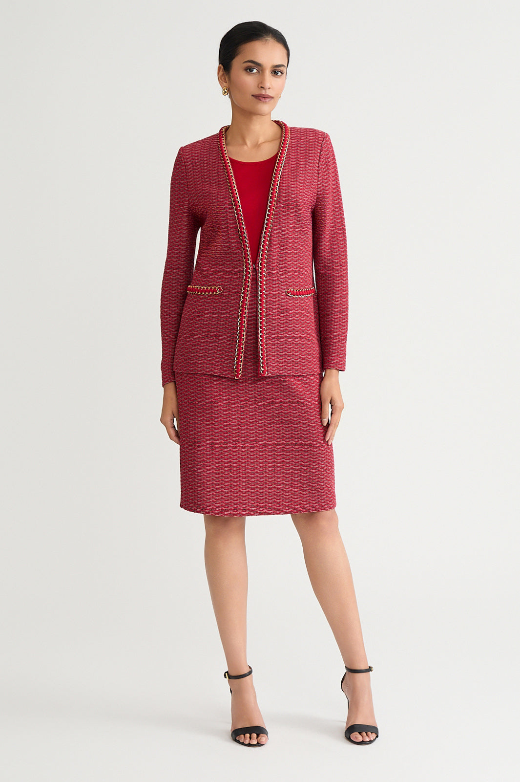Petite Heritage Whipstitch Chain Trim Knit Jacket | Ming Wang