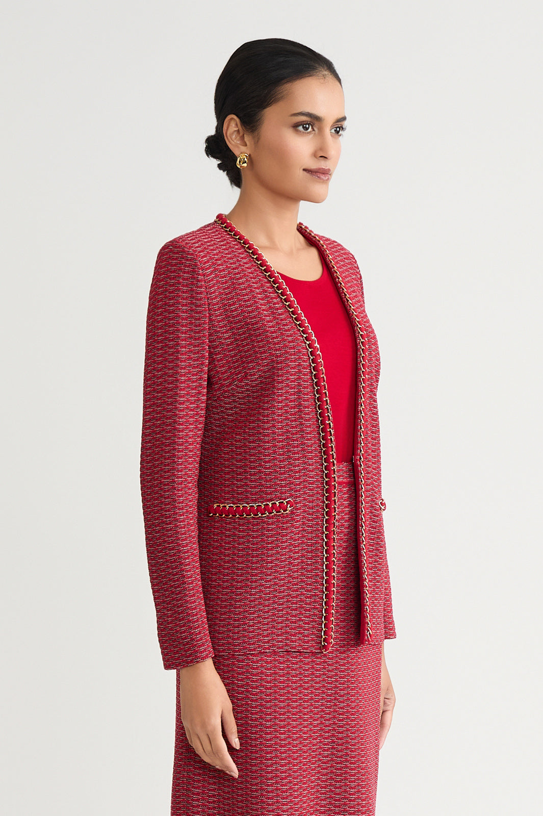 Petite Heritage Whipstitch Chain Trim Knit Jacket | Ming Wang