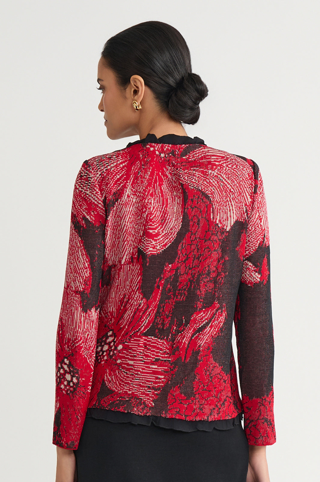 Heritage Floral Ruffle Trim Jacquard Knit Jacket | Ming Wang