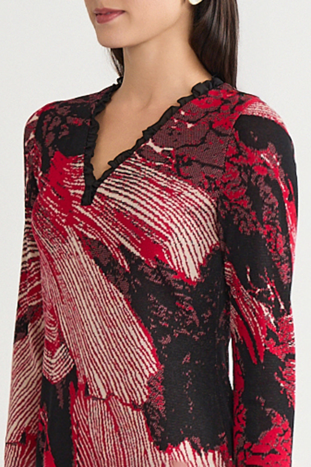 Floral Ruffle Neck Jacquard Soft Knit Sheath Dress Floral Ruffle Neck Jacquard Soft Knit Sheath Dress