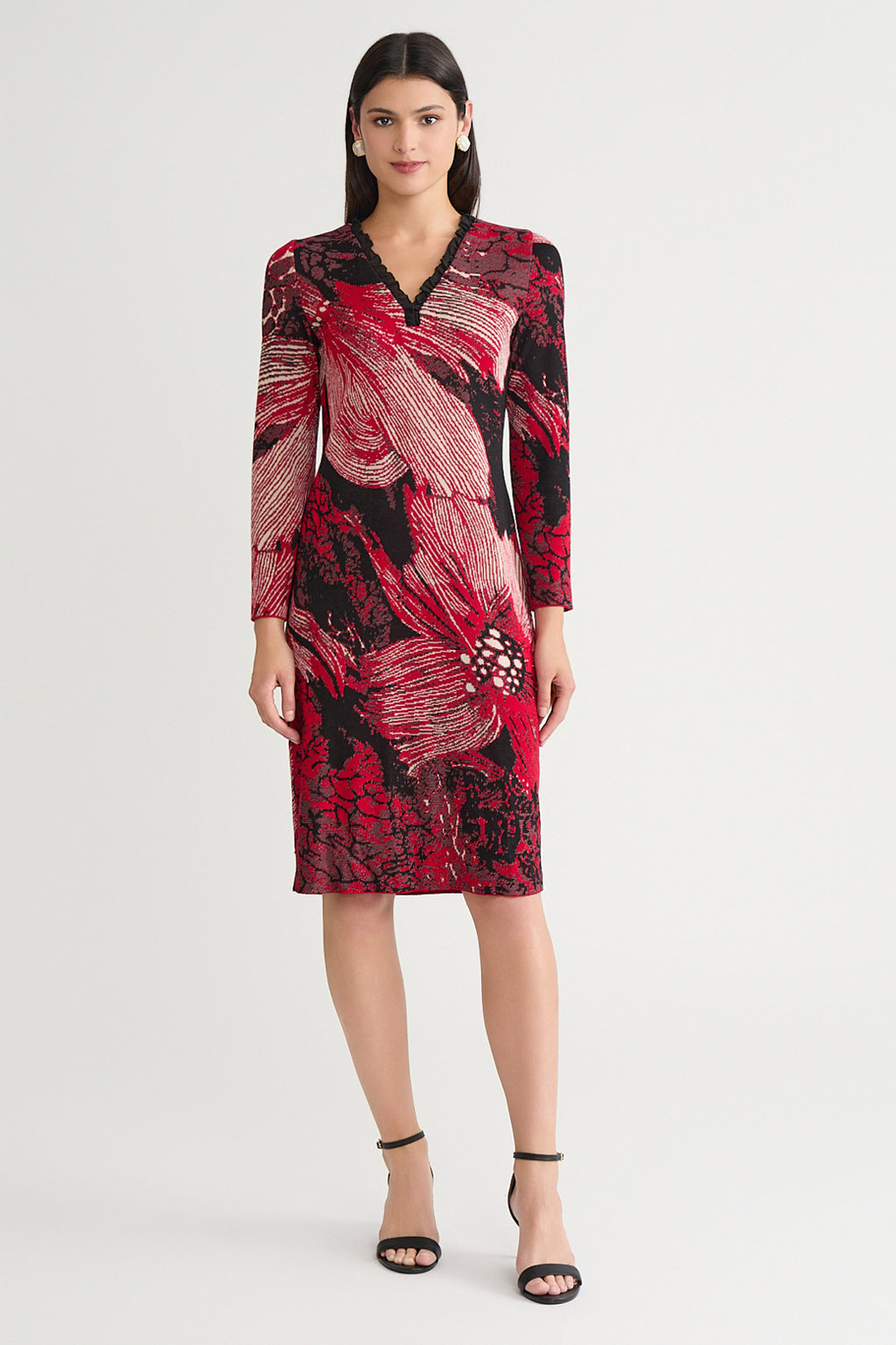 Floral Ruffle Neck Jacquard Soft Knit Sheath Dress | Ming Wang