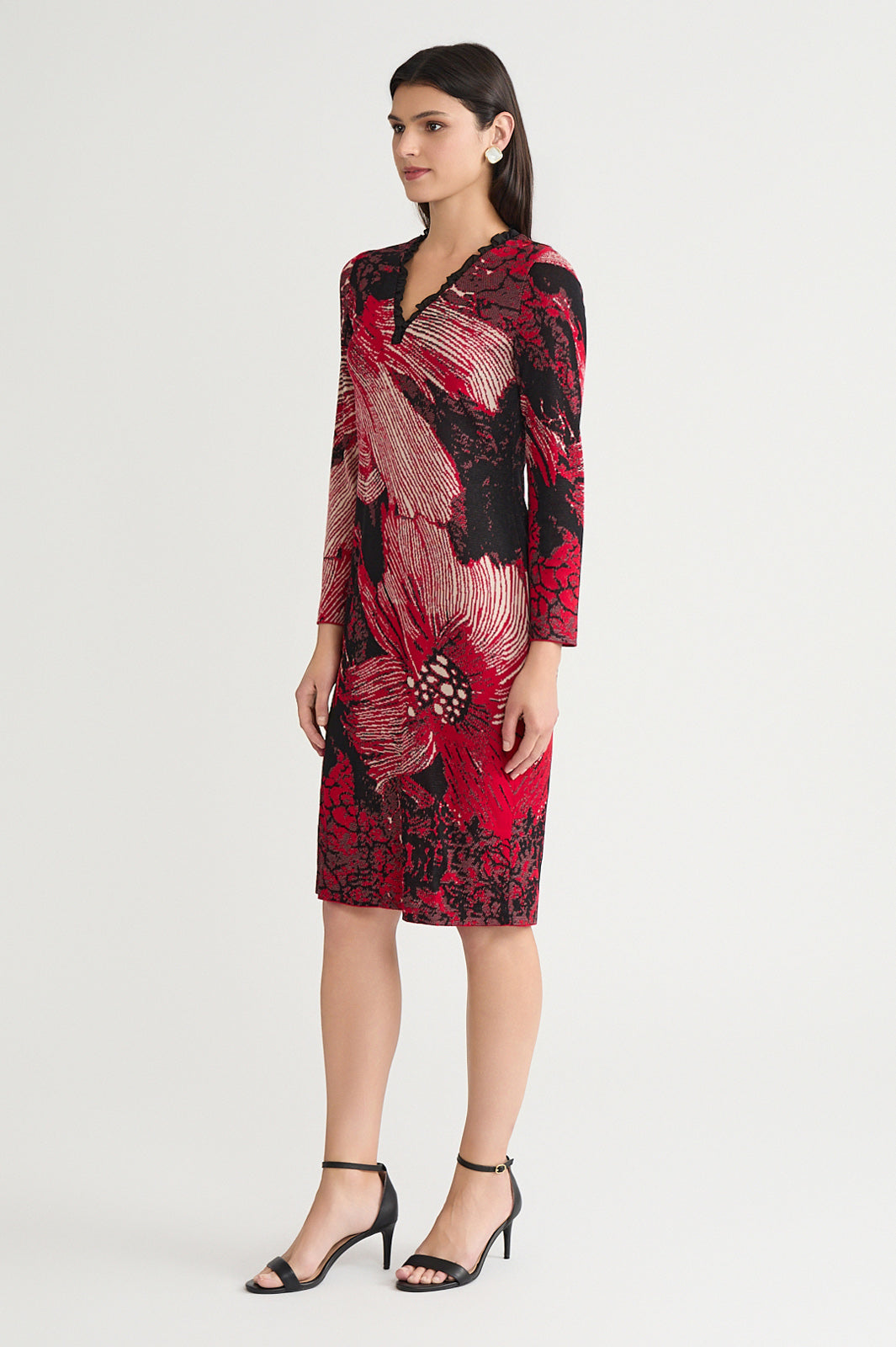 Floral Ruffle Neck Jacquard Soft Knit Sheath Dress