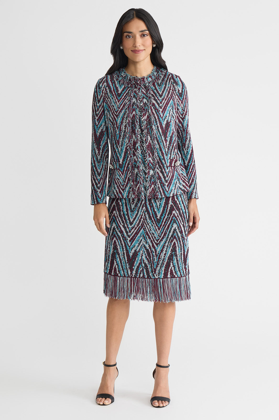 Plus Size Lurex Fringe Trim Jacquard Knit Sheath Dress