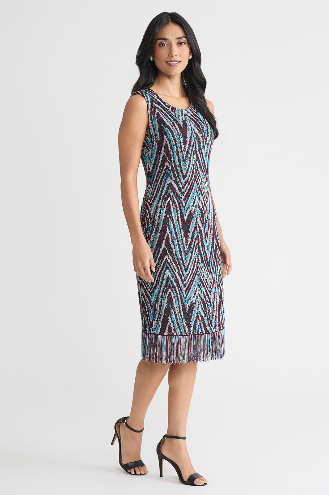 silver plus size sheath dress Plus Size Lurex Fringe Trim Jacquard Knit Sheath Dress