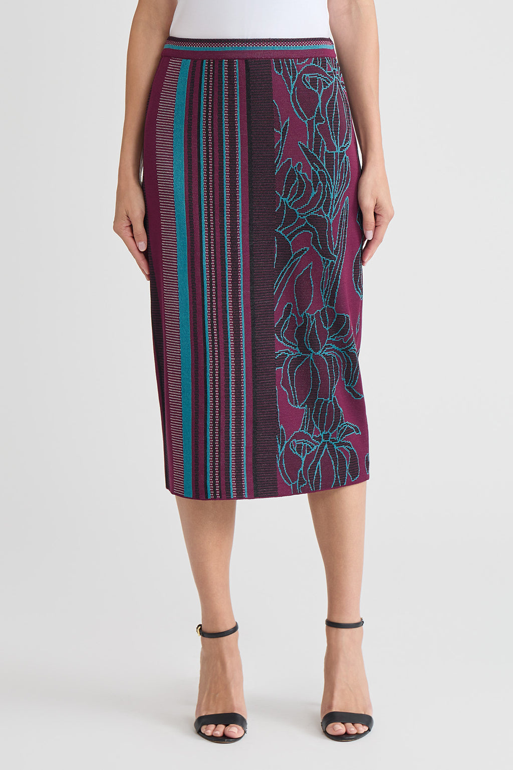 Multi-Pattern Jacquard Soft Knit Straight Midi Skirt | Ming Wang
