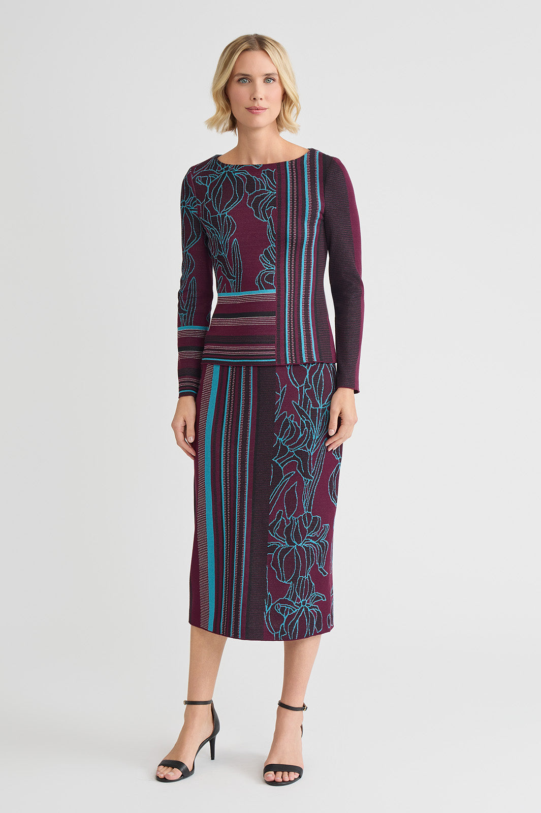 Multi-Pattern Jacquard Soft Knit Straight Midi Skirt | Ming Wang